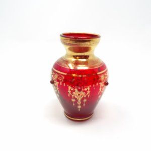 Vintage Hand Blown Red Glass Vase with Gold Design and Red Applied Glass Dots 4